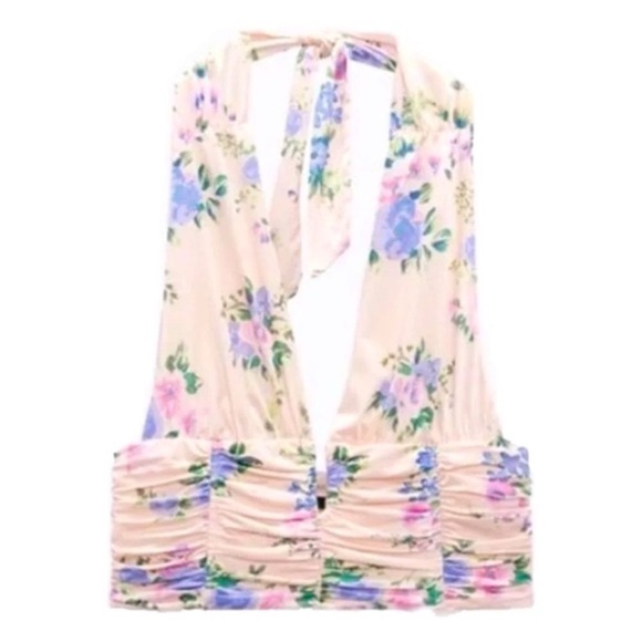 Y2K Zara Pink Floral Ruched Corset Halter Neck Deep Plunge Crop Top - Picture 1 of 12